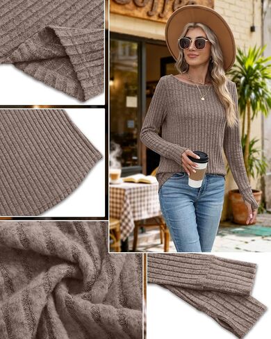 4 Pack Women's Long Sleeve Shirts Boat Neck Ribbed Knit Sweaters with Thumb Holes Loose Fit Casual Tops in Saudi Arabia
