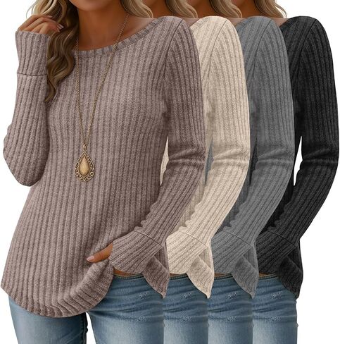4 Pack Women's Long Sleeve Shirts Boat Neck Ribbed Knit Sweaters with Thumb Holes Loose Fit Casual Tops in Saudi Arabia