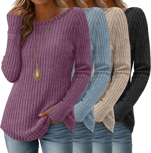 4 Pack Women's Long Sleeve Shirts Boat Neck Ribbed Knit Sweaters with Thumb Holes Loose Fit Casual Tops in Saudi Arabia