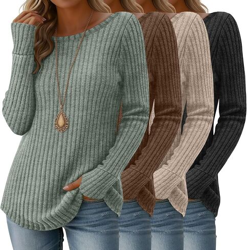 4 Pack Women's Long Sleeve Shirts Boat Neck Ribbed Knit Sweaters with Thumb Holes Loose Fit Casual Tops in Saudi Arabia