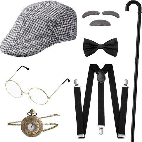 SATINIOR 7 Pcs 1920s Mens Costume 100 Days of School Costume Old Man Gangster Grandpa Accessories Cosplay Set in Saudi Arabia