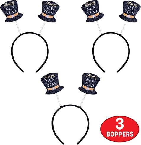 Beistle Happy New Year Boppers – 3 Pack, Black Top Hat Headbands with Gold & Silver Glitter, Festive Party Accessories for New Years Eve Celebrations, Midnight NYE Countdown Events, Photo Booth Props in Saudi Arabia