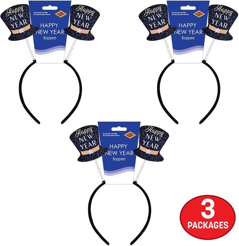 Beistle Happy New Year Boppers – 3 Pack, Black Top Hat Headbands with Gold & Silver Glitter, Festive Party Accessories for New Years Eve Celebrations, Midnight NYE Countdown Events, Photo Booth Props in Saudi Arabia
