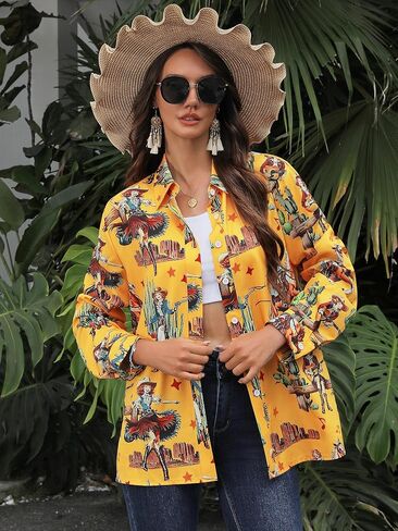 MYMORE ❷⓿❷❺ Women's Western Cowgirl Graphic Button Down Shirt Long Rolled 3/4 Sleeve Floral Print Cowboy Shirts in Saudi Arabia
