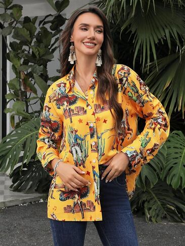 MYMORE ❷⓿❷❺ Women's Western Cowgirl Graphic Button Down Shirt Long Rolled 3/4 Sleeve Floral Print Cowboy Shirts in Saudi Arabia