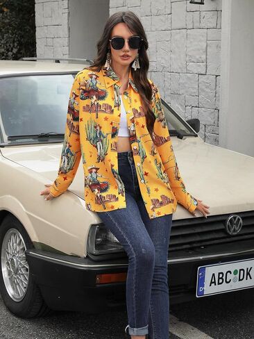 MYMORE ❷⓿❷❺ Women's Western Cowgirl Graphic Button Down Shirt Long Rolled 3/4 Sleeve Floral Print Cowboy Shirts in Saudi Arabia