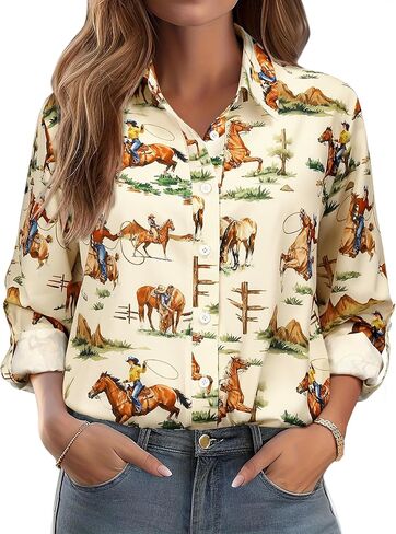 MYMORE ❷⓿❷❺ Women's Western Cowgirl Graphic Button Down Shirt Long Rolled 3/4 Sleeve Floral Print Cowboy Shirts in Saudi Arabia