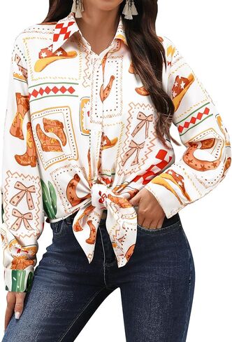 MYMORE ❷⓿❷❺ Women's Western Cowgirl Graphic Button Down Shirt Long Rolled 3/4 Sleeve Floral Print Cowboy Shirts in Saudi Arabia