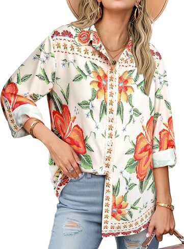 MYMORE ❷⓿❷❺ Women's Western Cowgirl Graphic Button Down Shirt Long Rolled 3/4 Sleeve Floral Print Cowboy Shirts in Saudi Arabia