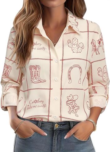 MYMORE ❷⓿❷❺ Women's Western Cowgirl Graphic Button Down Shirt Long Rolled 3/4 Sleeve Floral Print Cowboy Shirts in Saudi Arabia