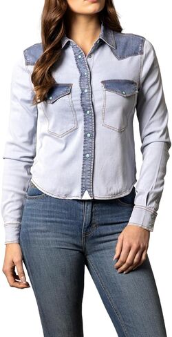 Kimes Ranch Women’s Rayna Cropped Slim Fit Denim Shirt with Dark Denim Yoke, Turquoise Snaps & Chest Pocket Flaps in Saudi Arabia