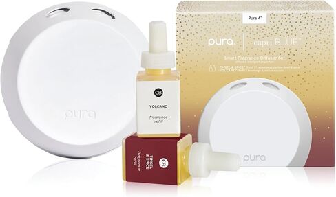 Capri Blue x Pura 4 - Smart Fragrance Diffuser Plug in Kit - Includes 1 Pura Diffuser + 2 Fragrance Refill Vials - Long Lasting Scents - LED Light - 2.4 GHz WiFi Required (Tinsel & Spice + Volcano) in Saudi Arabia