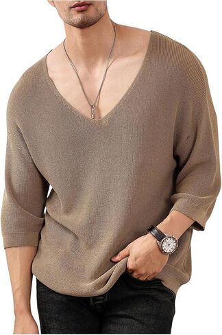 Verdusa Men's V Neck Drop Shoulder Lightweight Sweaters 3/4 Sleeve Knit Tops in Saudi Arabia