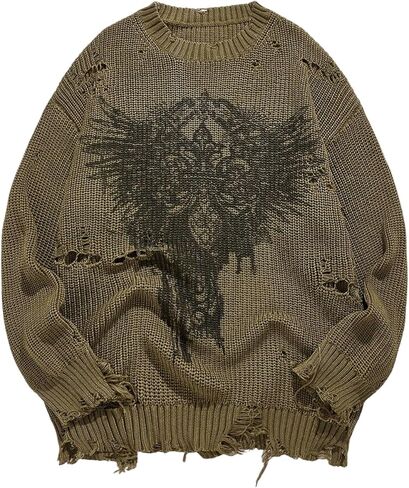 Men's Graphic Grunge Sweater Long Sleeve Crew Neck Knitted Distressed Pullover Top Punk Ripped Goth Sweater in Saudi Arabia