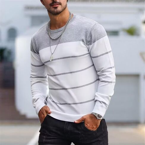 Fashion Crew Neck Pullover Sweater for Men, Grey and White Horizontal Stripes for Spring and Fall in Saudi Arabia