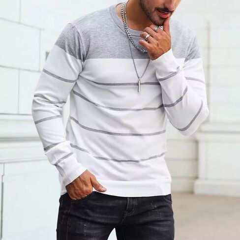 Fashion Crew Neck Pullover Sweater for Men, Grey and White Horizontal Stripes for Spring and Fall in Saudi Arabia