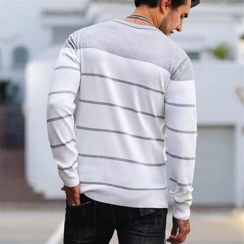 Fashion Crew Neck Pullover Sweater for Men, Grey and White Horizontal Stripes for Spring and Fall in Saudi Arabia