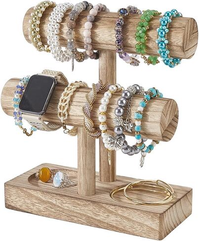 PH PandaHall 2 Tier Wooden Bracelet Holder Stand, Rustic T-bar Jewelry Organizer Tower Bangle Watch Scrunchie Display Stand Jewelry Storage Rack for Bracelet Home Boutique Vendor Booth Selling in Saudi Arabia