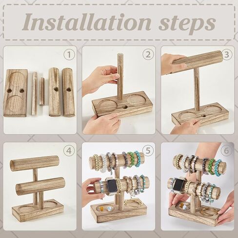 PH PandaHall 2 Tier Wooden Bracelet Holder Stand, Rustic T-bar Jewelry Organizer Tower Bangle Watch Scrunchie Display Stand Jewelry Storage Rack for Bracelet Home Boutique Vendor Booth Selling in Saudi Arabia