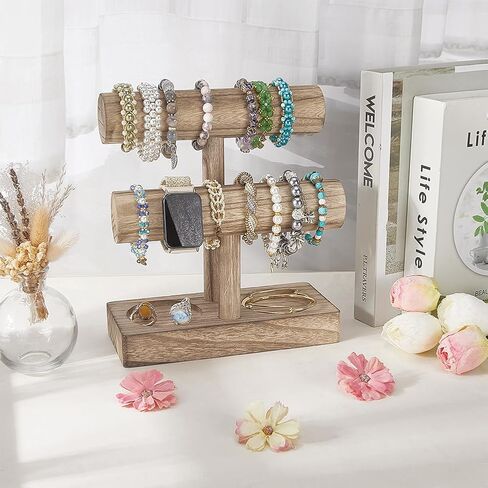 PH PandaHall 2 Tier Wooden Bracelet Holder Stand, Rustic T-bar Jewelry Organizer Tower Bangle Watch Scrunchie Display Stand Jewelry Storage Rack for Bracelet Home Boutique Vendor Booth Selling in Saudi Arabia