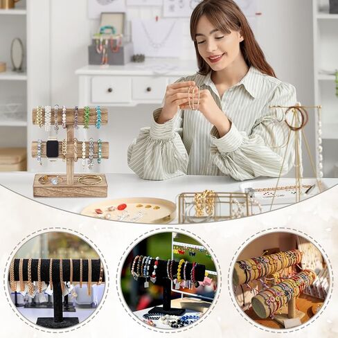 PH PandaHall 2 Tier Wooden Bracelet Holder Stand, Rustic T-bar Jewelry Organizer Tower Bangle Watch Scrunchie Display Stand Jewelry Storage Rack for Bracelet Home Boutique Vendor Booth Selling in Saudi Arabia