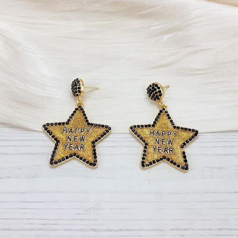 Happy New Year Earring for Women Glitter Bling Rhinestone Star Letter New Year Holiday Earrings Festive Party Jewelry Gifts in Saudi Arabia