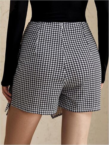 Women's Houndstooth Print Shorts High Waisted Wrap Tie Side Asymmetrical Work Office Shorts in Saudi Arabia