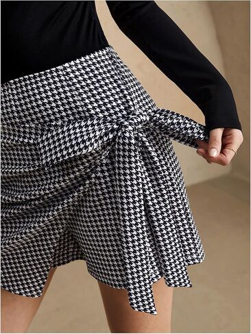 Women's Houndstooth Print Shorts High Waisted Wrap Tie Side Asymmetrical Work Office Shorts in Saudi Arabia