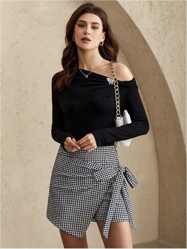 Women's Houndstooth Print Shorts High Waisted Wrap Tie Side Asymmetrical Work Office Shorts in Saudi Arabia