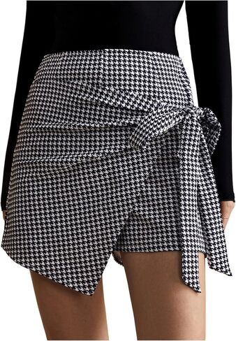 Women's Houndstooth Print Shorts High Waisted Wrap Tie Side Asymmetrical Work Office Shorts in Saudi Arabia