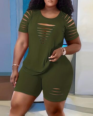 Plus Size Womens 2 Piece Ladder Cutout T Shirt and High Waist Shorts Set Cozy Casual Outfit Street Daily Wear in Saudi Arabia
