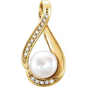 14K Gold, Sterling Silver Or Platinum Freshwater Cultured Pearl and Natural Diamond Pendant in Saudi Arabia