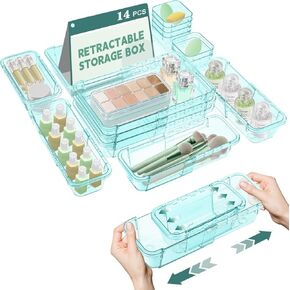 14 Pcs Clear Drawer Organizer,Retractable Drawer Storage Box,3-Size Desk Drawer Organizer,Acrylic Storage Bins for Makeup,Cosmetic,Kitchen Utensils,Jewelry,Bedroom Dressers Tool Organizer for Gadgets in Kuwait