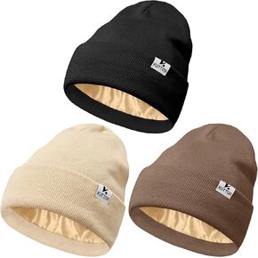3 Pack Satin Lined Winter Beanie Hats for Men Women Silk Lined Beanies Soft Knit Warm Slouchy Cuffed Winter Hat in Kuwait