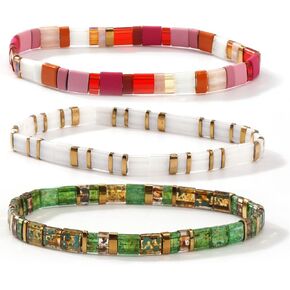 3Pcs Stack Tila Flat Seed Beaded Bracelets Set for Women Men, Boho Romantic Handmade Healing Gold Colorful Square Stretch Accessories Jewelry, Daily Vacation Party Holiday Friendship Gift in Saudi Arabia