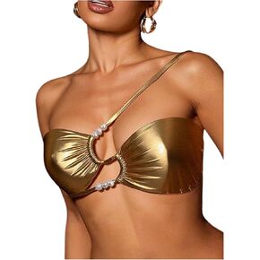 قطعة علوية بكيني نسائية بكتف واحد مزينة باللؤلؤ المعدني من Verdusa بدون ظهر غير متماثلة للعطلات in Kuwait