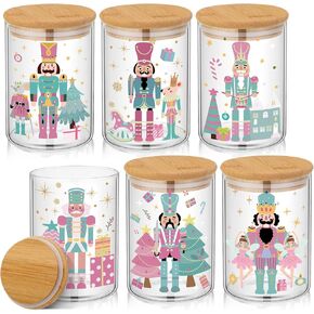 6 Pcs Pastel Christmas Glass Storage Jars with Airtight Bamboo Lid Pink Blue Nutcrackers Christmas Icon Glass Jars Canister Set for Home Winter Xmas Kitchen Countertop in Saudi Arabia