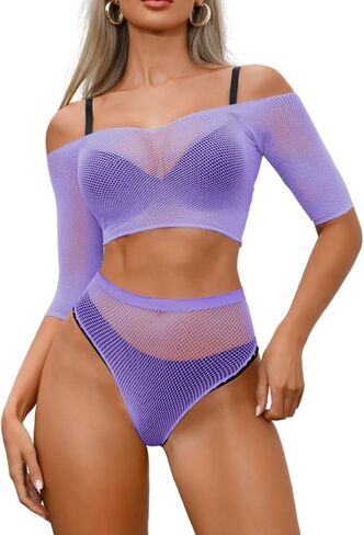 Fishnet Lingerie Set for Women, Sexy Rave Club Dancer Stripper Outfits, Off The Shoulder High Waisted Fits 0-20 in Saudi Arabia