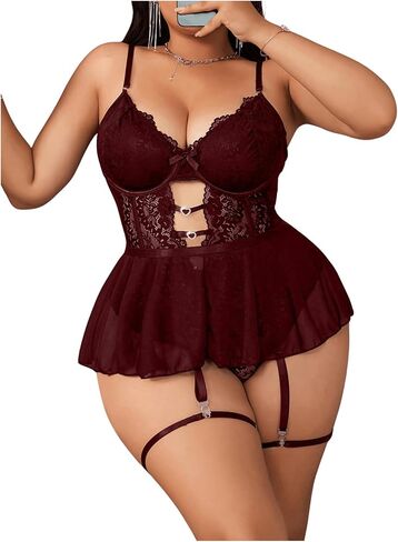 SOLY HUX Women's Plus Size Lingerie Set 4 Piece Lace Underwire Garter Teddy Bodysuit Nightwear in Kuwait