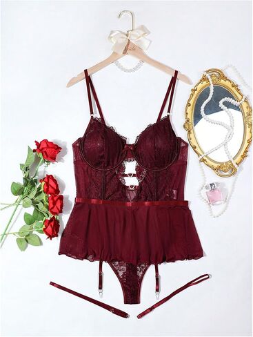SOLY HUX Women's Plus Size Lingerie Set 4 Piece Lace Underwire Garter Teddy Bodysuit Nightwear in Kuwait