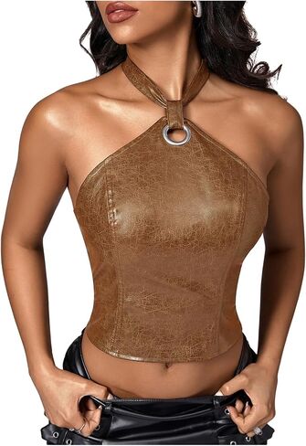 قمصان علوية نسائية من Verdusa Y2K بأربطة من الجلد بدون ظهر مع رسن علوي Rave Club للخروج in Kuwait