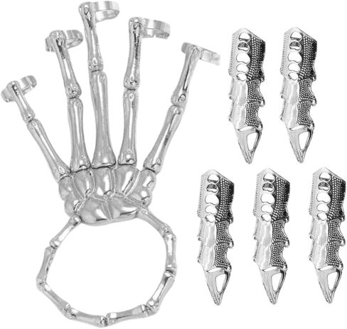 Skeleton Hand Bracelet with 5Pcs Full Finger Rings Punk Gothic Jewelry with Movable Joint Plated Alloy Halloween Jewelry, Black, Full Finger Rings in Saudi Arabia