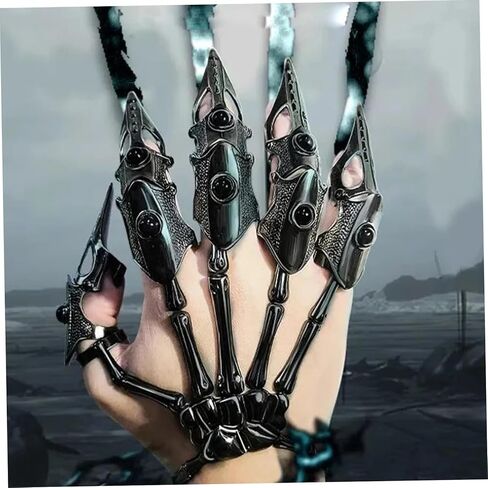 Skeleton Hand Bracelet with 5Pcs Full Finger Rings Punk Gothic Jewelry with Movable Joint Plated Alloy Halloween Jewelry, Black, Full Finger Rings in Saudi Arabia