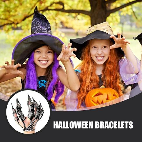 Skeleton Hand Bracelet with 5Pcs Full Finger Rings Punk Gothic Jewelry with Movable Joint Plated Alloy Halloween Jewelry, Black, Full Finger Rings in Saudi Arabia