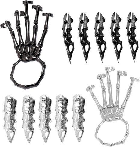 Skeleton Hand Bracelet with 5Pcs Full Finger Rings Punk Gothic Jewelry with Movable Joint Plated Alloy Halloween Jewelry, Black, Full Finger Rings in Saudi Arabia