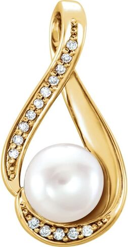 14K Gold, Sterling Silver Or Platinum Freshwater Cultured Pearl and Natural Diamond Pendant in Saudi Arabia
