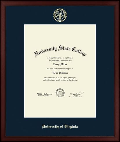 University of Virginia 17" w x 22" h Diploma Frame - Fits a bachelor's, master's and phd - Gold Embossed Diploma Frame - Cherry Moulding with Navy Matting - Officially Licensed in Saudi Arabia