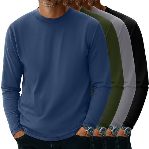 Neer 4 Pack Men's Big and Tall Long Sleeve Shirt Cotton Crewneck Tops Split Side Plus Size T-Shirts Loose Casual Basic Tees in Saudi Arabia