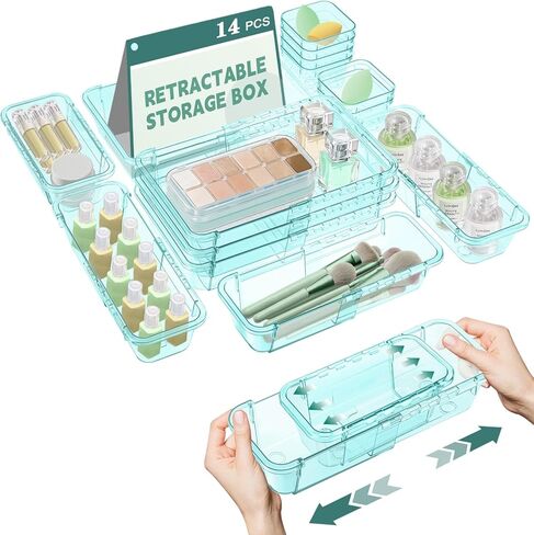 14 Pcs Clear Drawer Organizer,Retractable Drawer Storage Box,3-Size Desk Drawer Organizer,Acrylic Storage Bins for Makeup,Cosmetic,Kitchen Utensils,Jewelry,Bedroom Dressers Tool Organizer for Gadgets in Kuwait