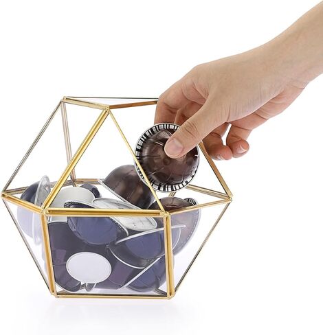 ELLDOO Gold Glass Coffee Pods Holder, 15 Sided Geometric Box Coffee Pod Organizer for K Cup Espresso, Tea Bags Sugar Packets Coffee Capsule Storage Holder for Kitchen Coffee Bar Office Desktop Counter in Kuwait